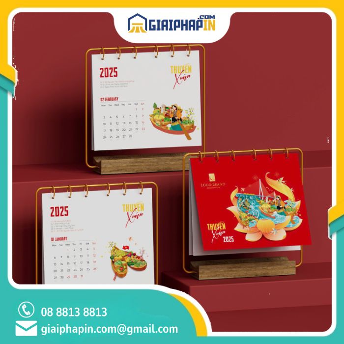 In lịch gỗ để bàn đặc biệt Thuyền Xuân